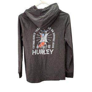 Hurley Pullover Hoodie T Shirt Savage Seas size L Teen Gray Surf Skeleton Long S